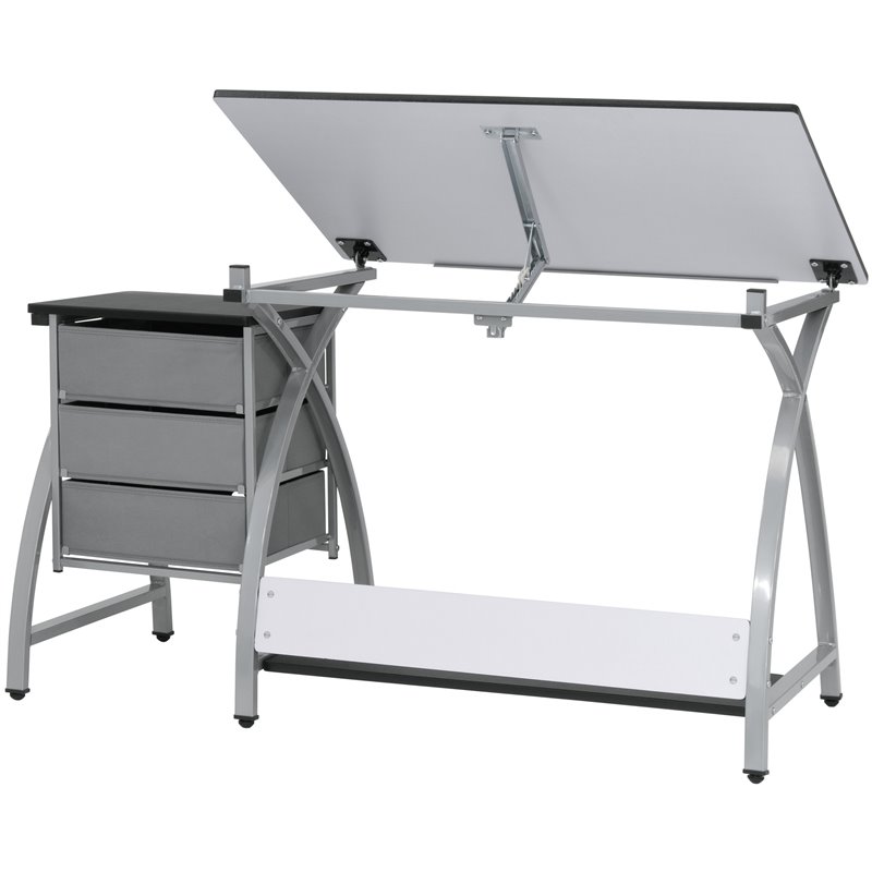 Pemberly Row Contemporary Drawing Table with Stool in Silver and Black