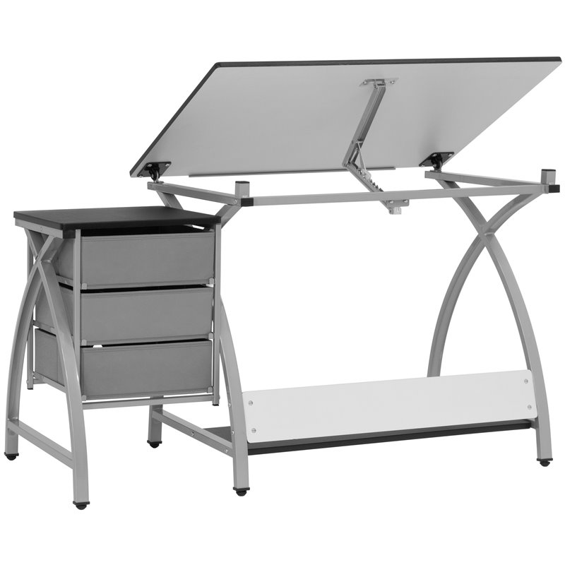 Pemberly Row Contemporary Drawing Table with Stool in Silver and Black