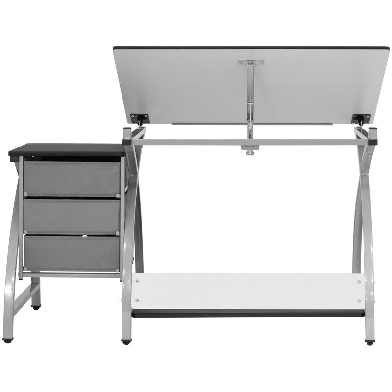 Pemberly Row Contemporary Drawing Table with Stool in Silver and Black