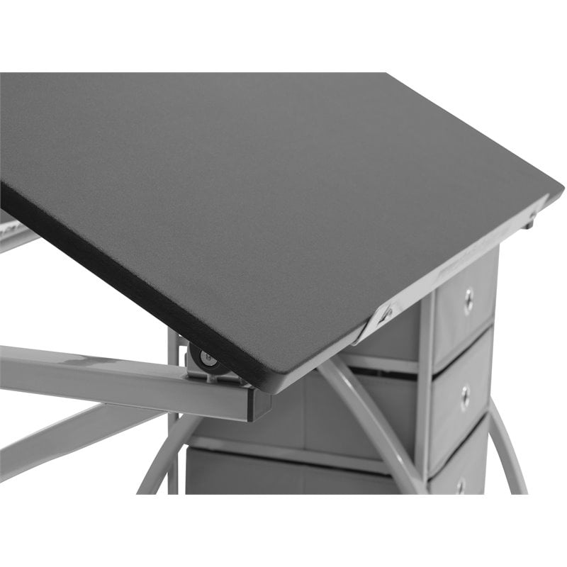 Pemberly Row Contemporary Drawing Table with Stool in Silver and Black