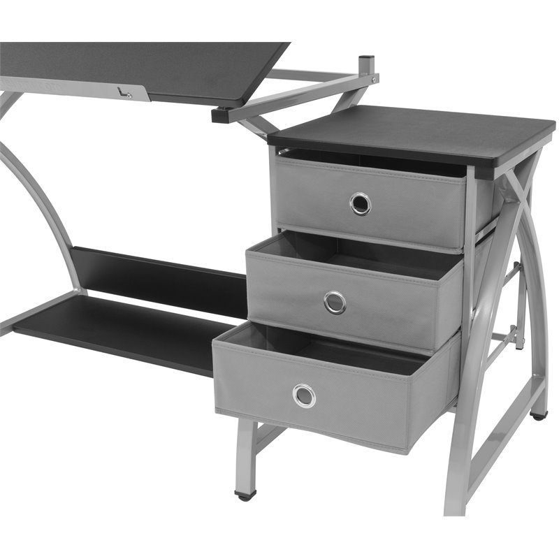 Pemberly Row Contemporary Drawing Table with Stool in Silver and Black