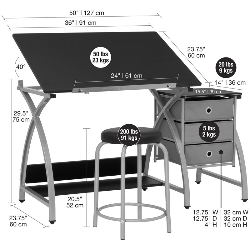 Pemberly Row Contemporary Drawing Table with Stool in Silver and Black
