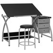 Pemberly Row Contemporary Drawing Table with Stool in Silver and Black