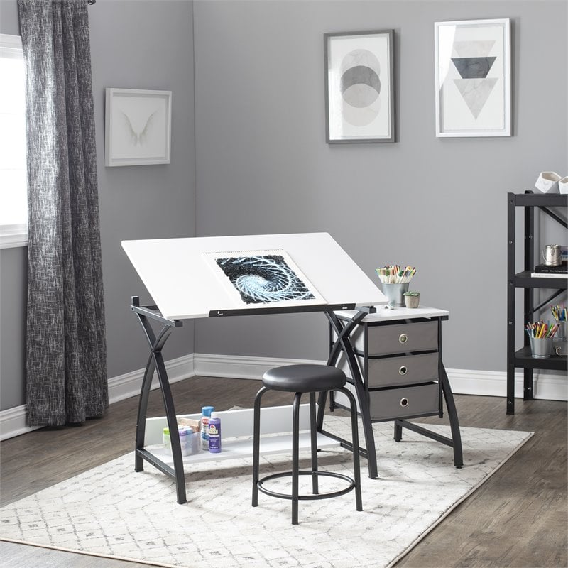 Pemberly Row Contemporary Drawing Table with Stool in Black and White