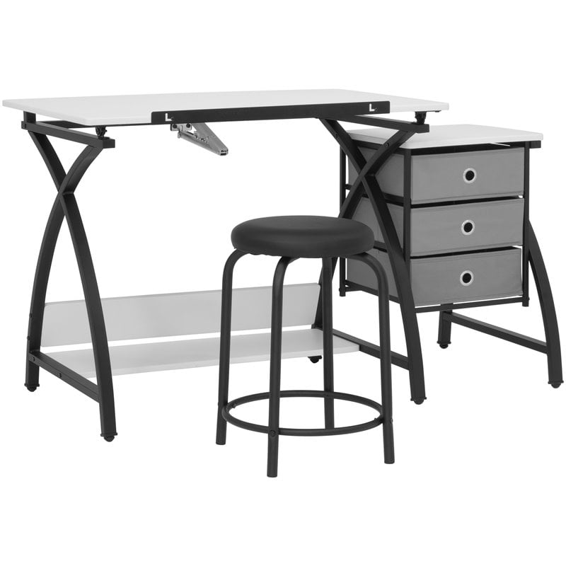 Pemberly Row Contemporary Drawing Table with Stool in Black and White