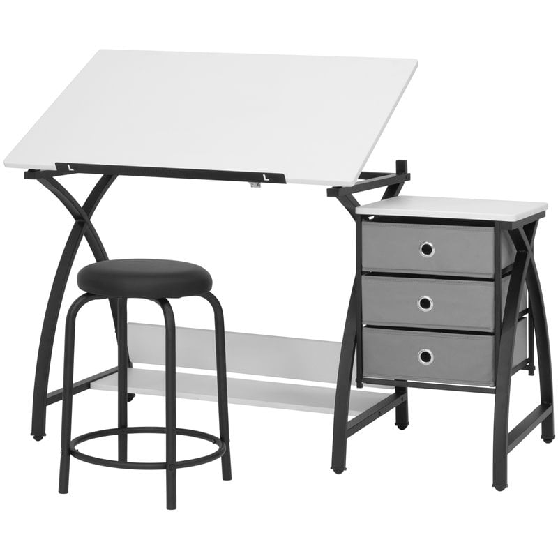 Pemberly Row Contemporary Drawing Table with Stool in Black and White