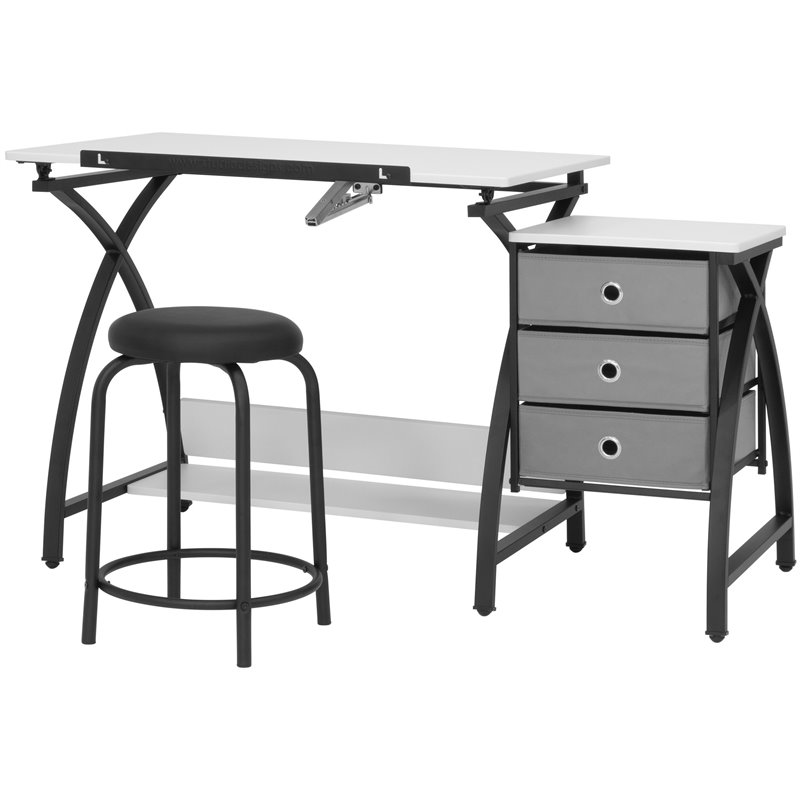 Pemberly Row Contemporary Drawing Table with Stool in Black and White