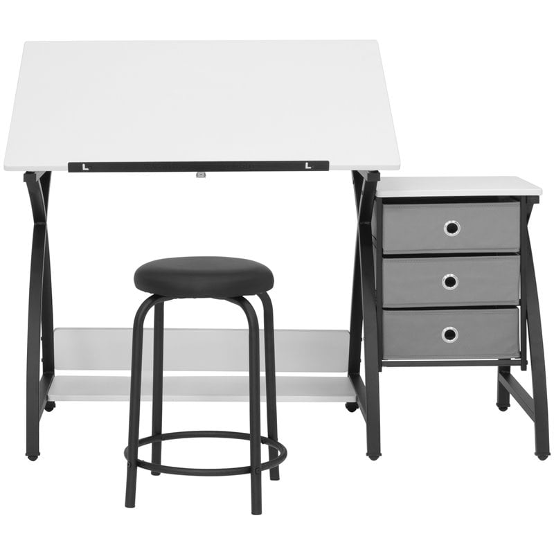Pemberly Row Contemporary Drawing Table with Stool in Black and White