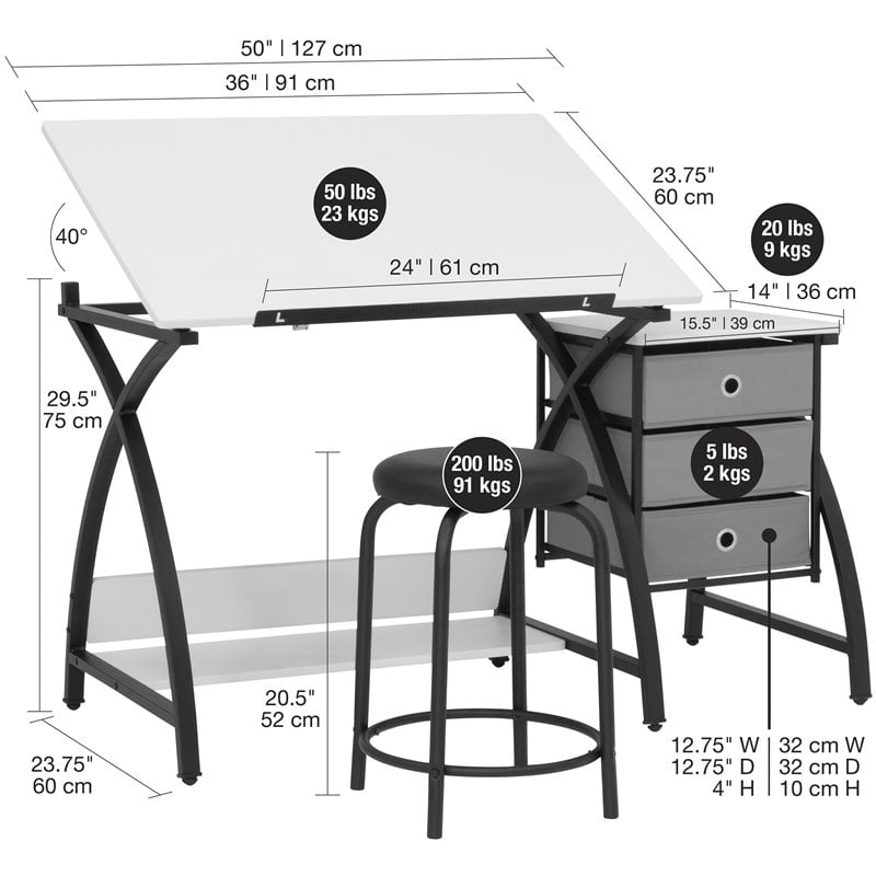 Pemberly Row Contemporary Drawing Table with Stool in Black and White