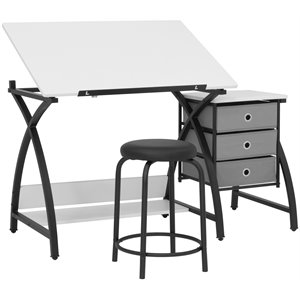 Pemberly Row Contemporary Drawing Table with Stool in Black and White