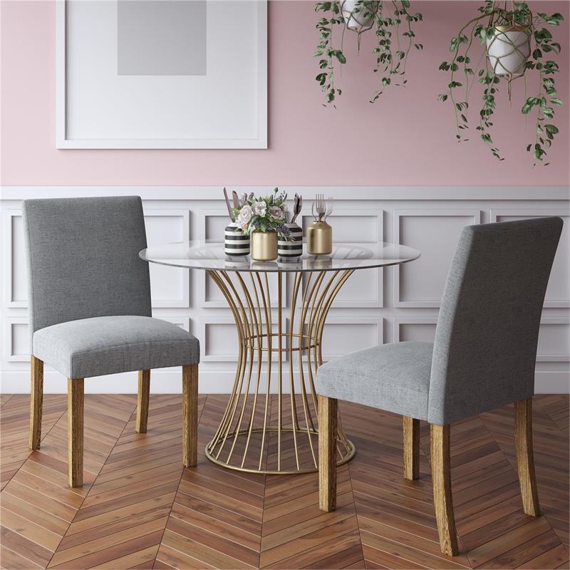 Pemberly Row Glass Top Dining Table in Tempered Glass with Brass