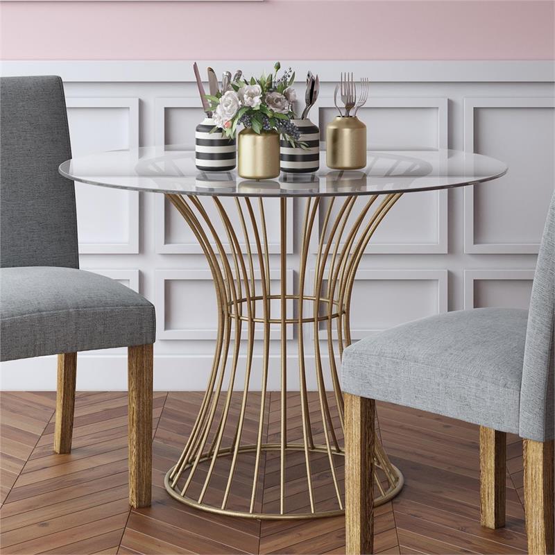 Pemberly Row Glass Top Dining Table in Tempered Glass with Brass