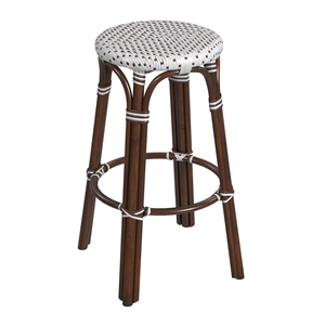 Pemberly Row Contemporary Round Rattan 30&quot Bar Stool-White And Brown Dot