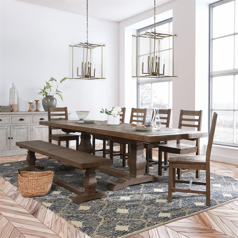 Pemberly Row Reclaimed Pine Wood Extension Dining Table in Weathered Brown