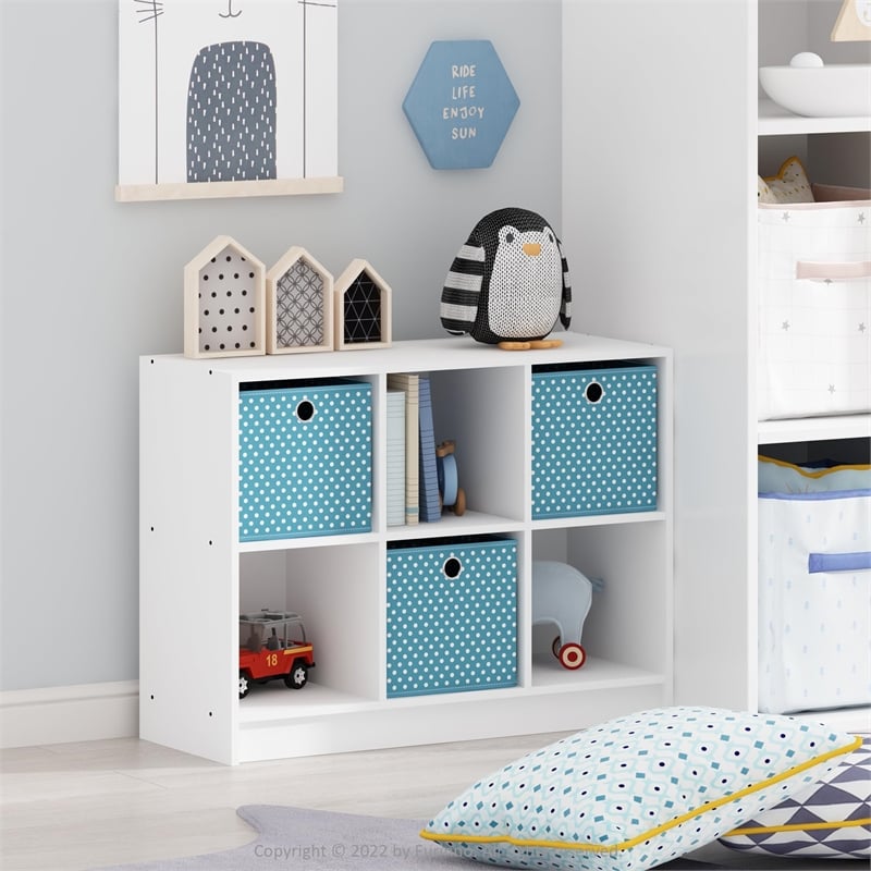 Pemberly Row Engineered Wood 3x2 Bookcase Storage w/Bins in White/Light Blue