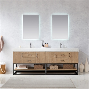 Pemberly Row 84&quot White Stone Top Oak Double Vanity Black Frame with Mirror