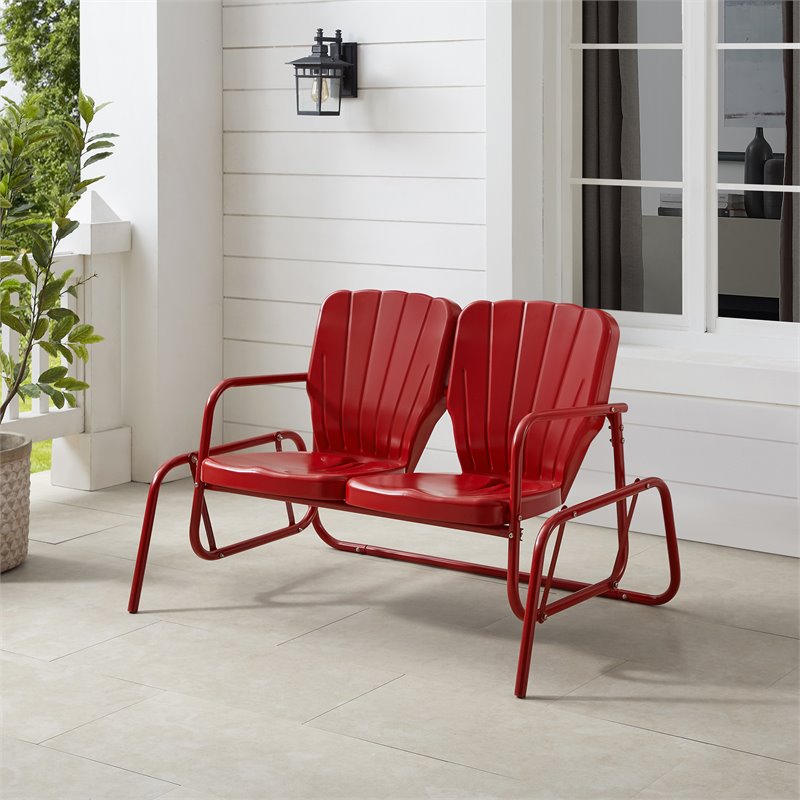 Pemberly Row Contemporary Metal Outdoor Loveseat Glider in Red