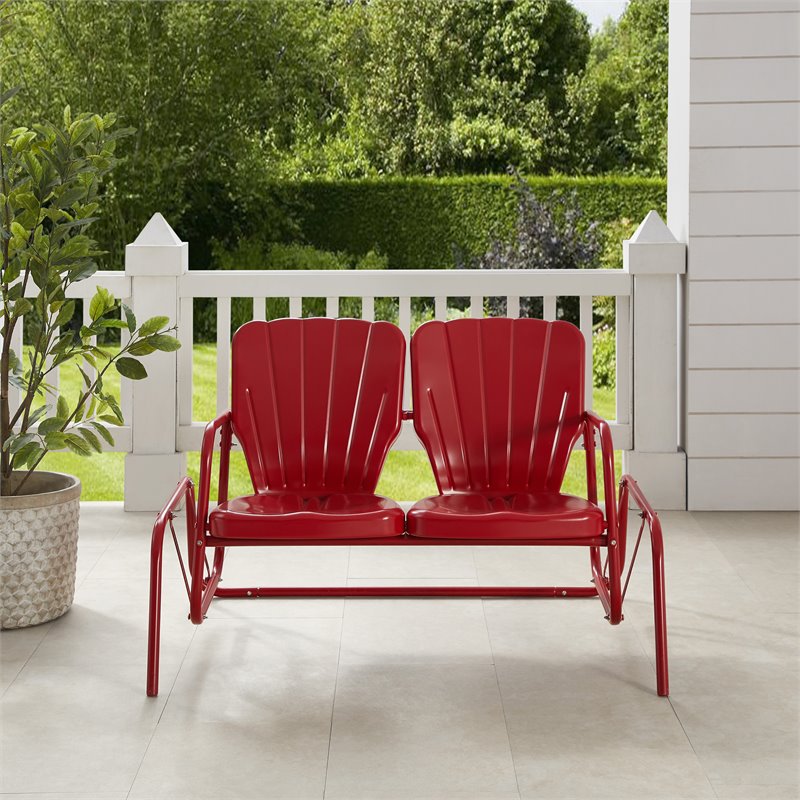 Pemberly Row Contemporary Metal Outdoor Loveseat Glider in Red