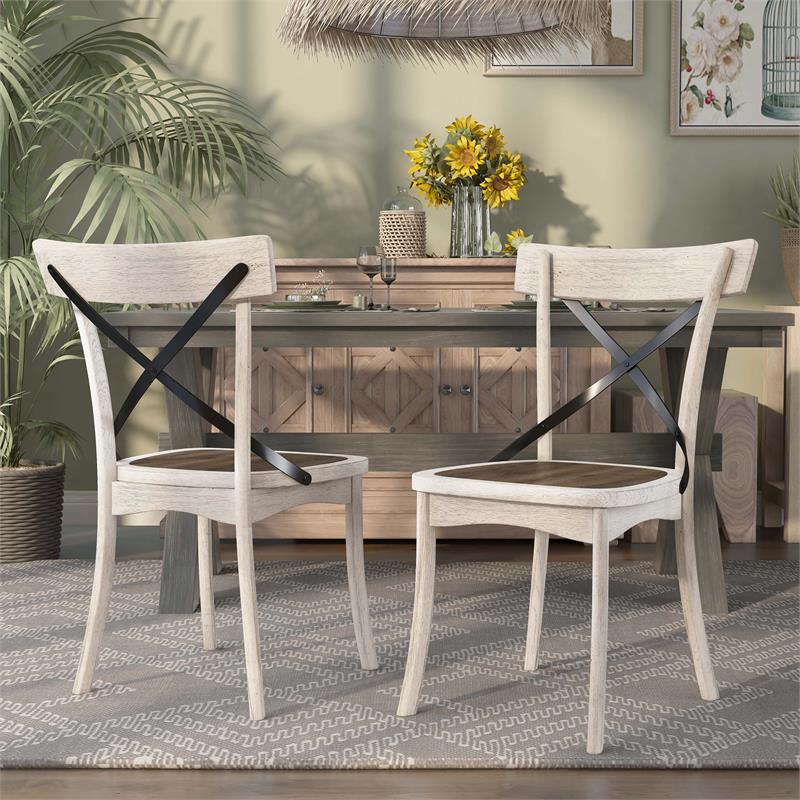 Pemberly Row Rustic Wood Dining Chair in Antique White (Set of 2)