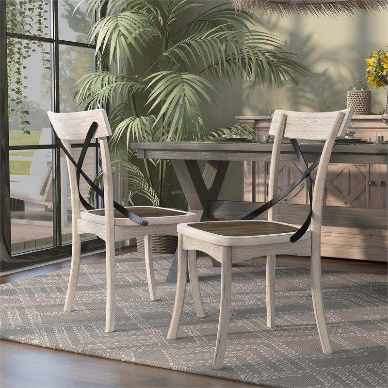 Pemberly Row Rustic Wood Dining Chair in Antique White (Set of 2)