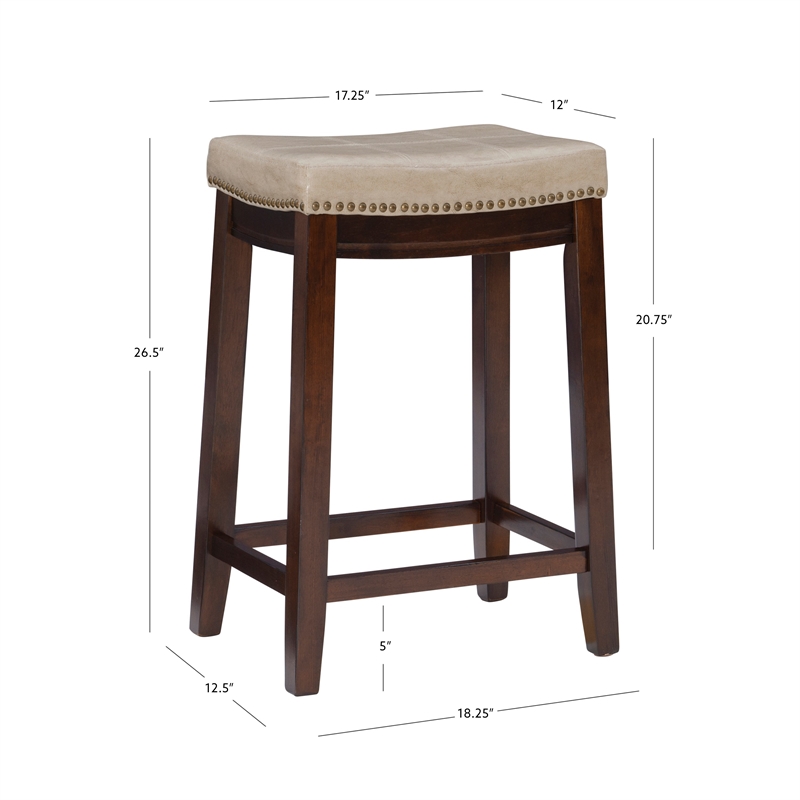 Pemberly Row Wood Set of 2 Counter Stools Beige Faux Leather Seats in Dk Brown