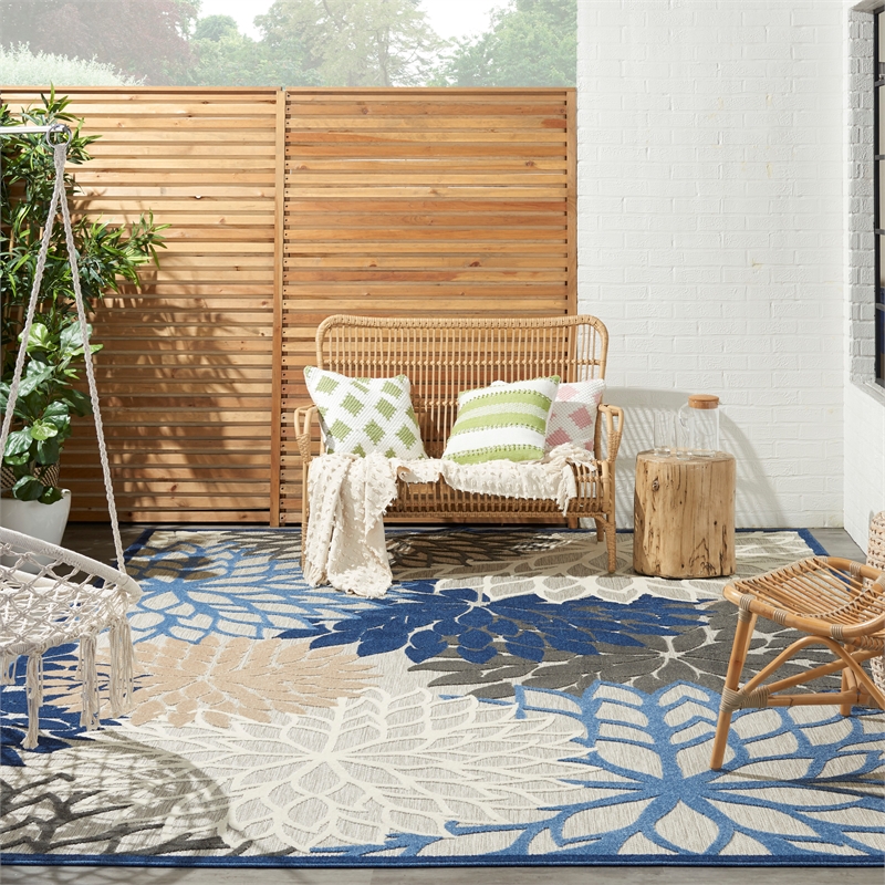 Pemberly Row 9' x 12' Fabric Indoor/Outdoor Rug in Blue/Multi-Color