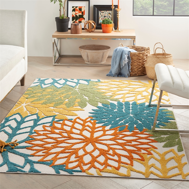 Pemberly Row 5' x 8' Fabric Indoor/Outdoor Rug in Turquoise Multicolor