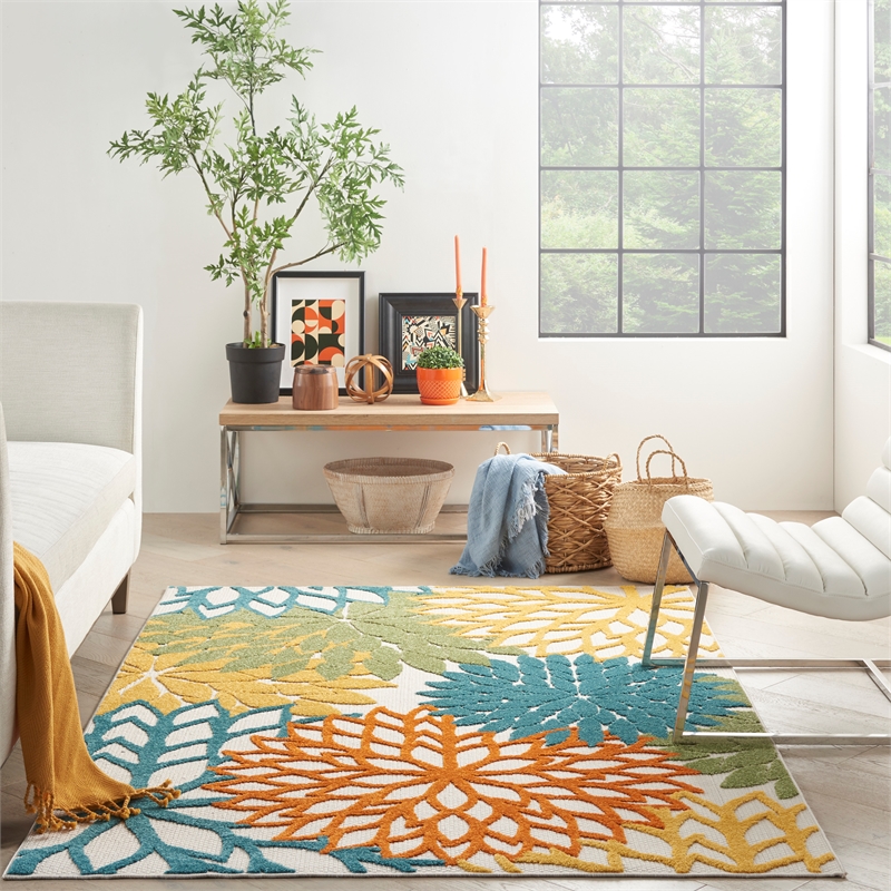 Pemberly Row 5' x 8' Fabric Indoor/Outdoor Rug in Turquoise Multicolor