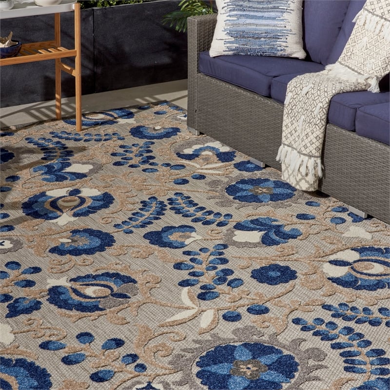Pemberly Row 7' x 10' Natural/Blue Outdoor Indoor/Outdoor Rug Polypropylene