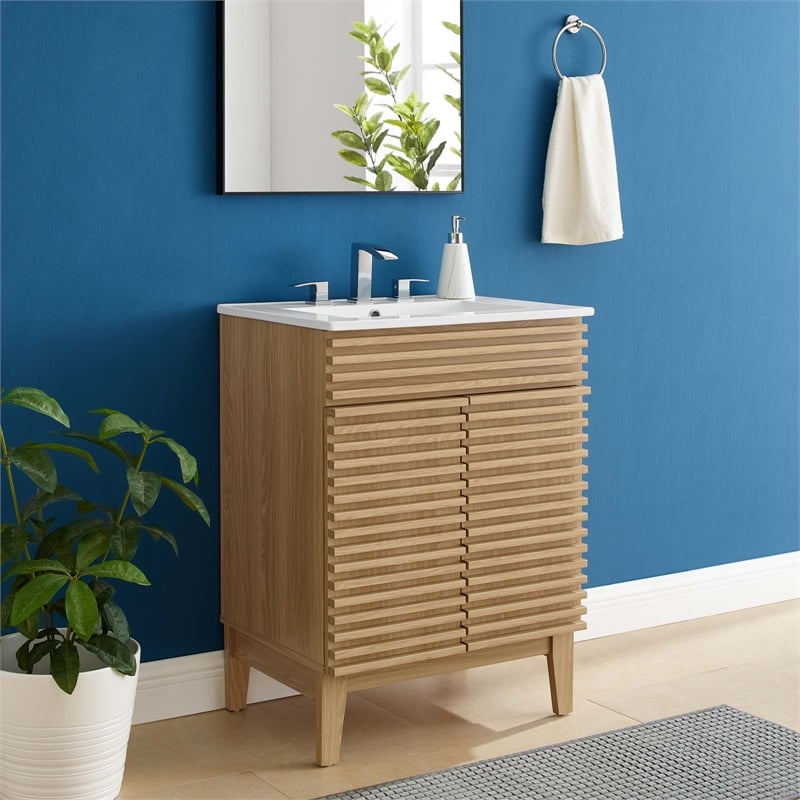 Pemberly Row Contemporary Wood Bathroom Vanity in Oak and White