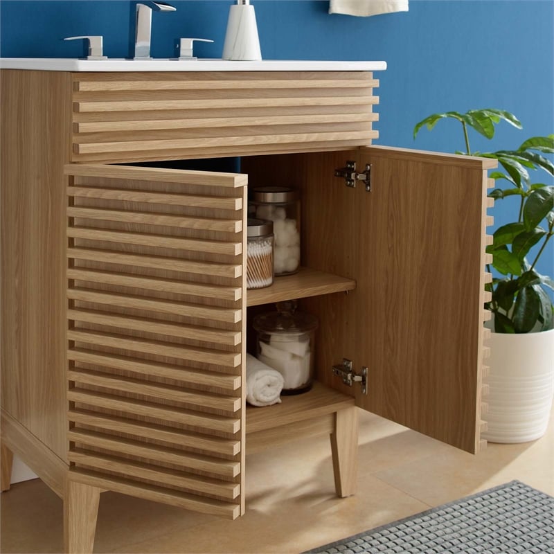 Pemberly Row Contemporary Wood Bathroom Vanity in Oak and White