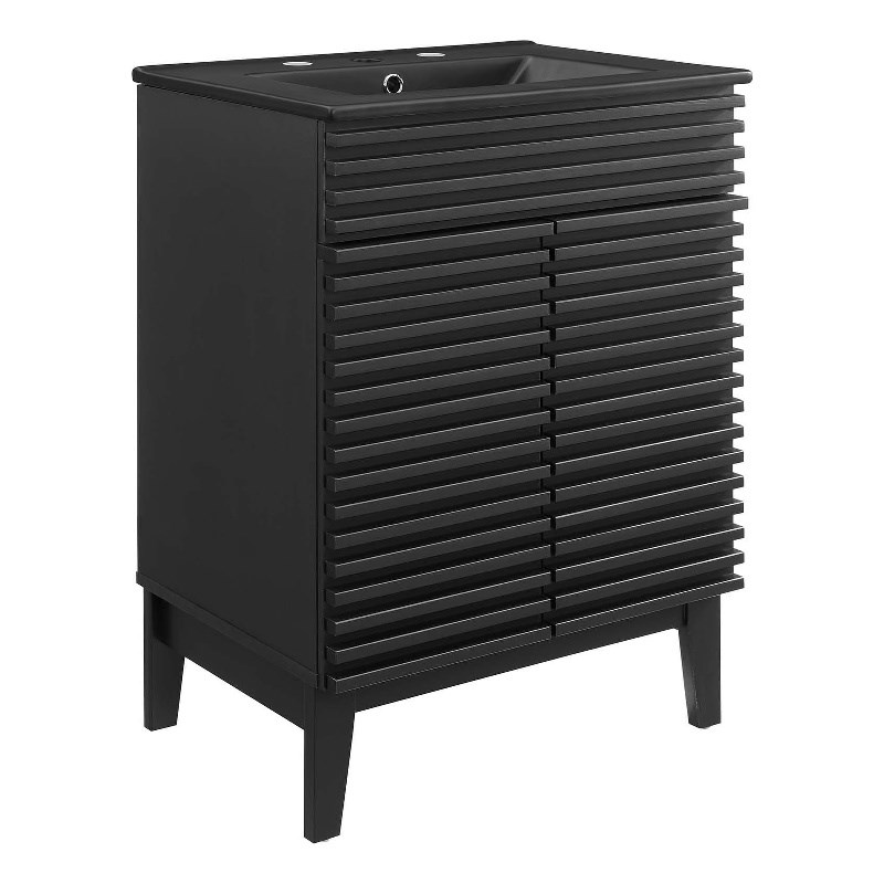 Pemberly Row Mid-Century Modern Wood Bathroom Vanity in Black
