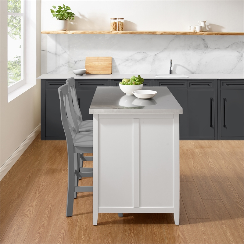 Pemberly Row 3-Piece Wood Kitchen Island with X-Back Stools in White