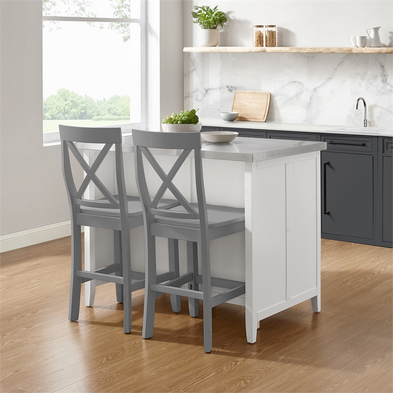 Pemberly Row 3-Piece Wood Kitchen Island with X-Back Stools in White