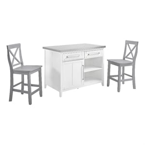Pemberly Row 3-Piece Wood Kitchen Island with X-Back Stools in White