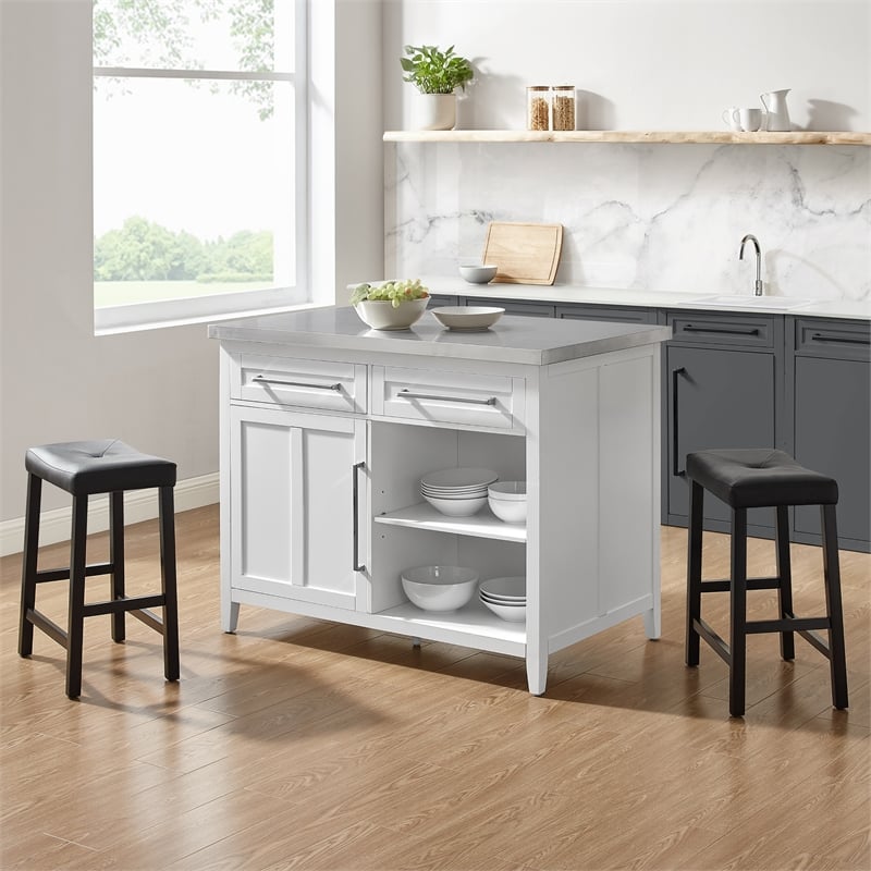 Pemberly Row 3-Piece Wood Kitchen Island with Saddle Stools in White