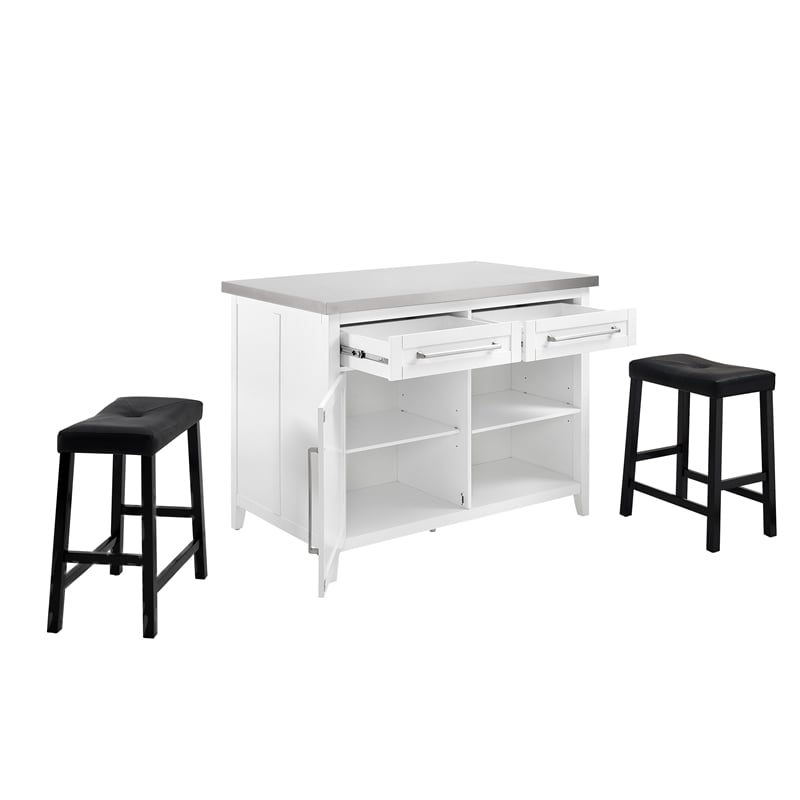 Pemberly Row 3-Piece Wood Kitchen Island with Saddle Stools in White