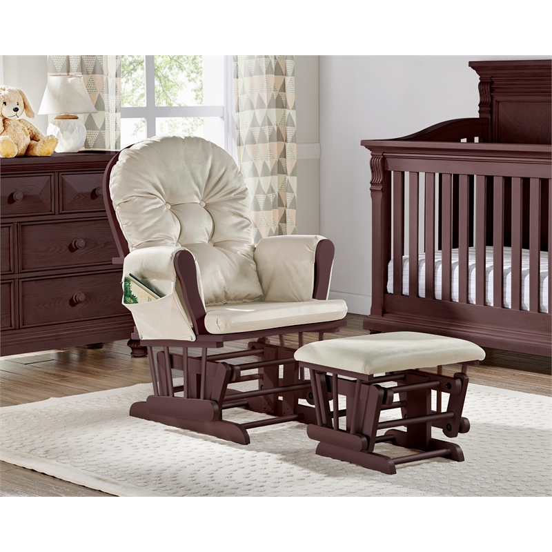 Pemberly Row Wood and Fabric Glider and Ottoman in Espresso and Beige
