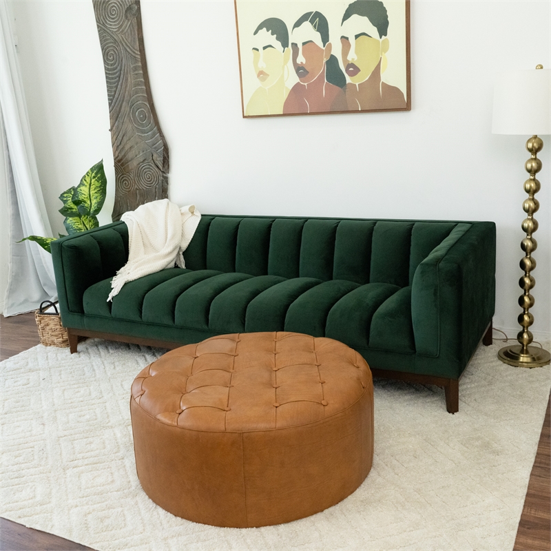 Pemberly Row Contemporary Living Room Tan Genuine Leather Round Ottoman