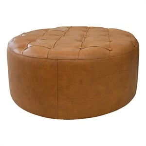 Pemberly Row Contemporary Living Room Tan Genuine Leather Round Ottoman