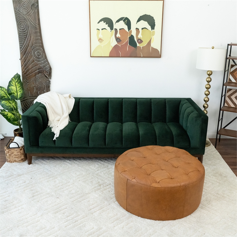Pemberly Row Contemporary Living Room Tan Genuine Leather Round Ottoman