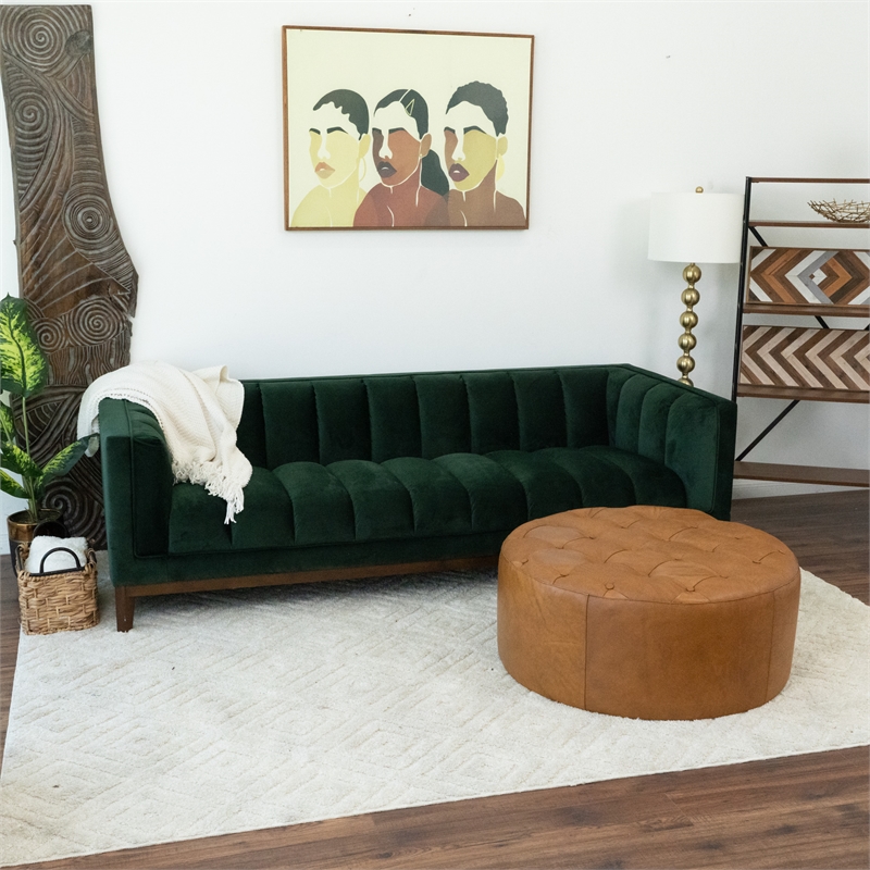 Pemberly Row Contemporary Living Room Tan Genuine Leather Round Ottoman