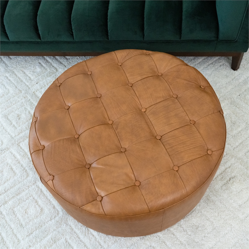 Pemberly Row Contemporary Living Room Tan Genuine Leather Round Ottoman