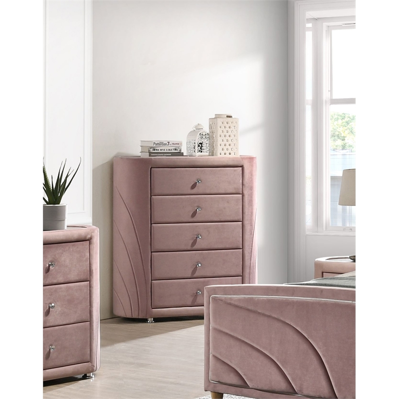 Pemberly Row 5 Drawers Velvet Upholstery Chest with Mirror Top in Pink