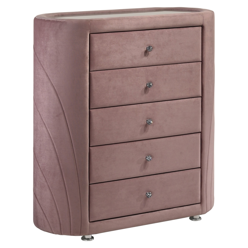 Pemberly Row 5 Drawers Velvet Upholstery Chest with Mirror Top in Pink