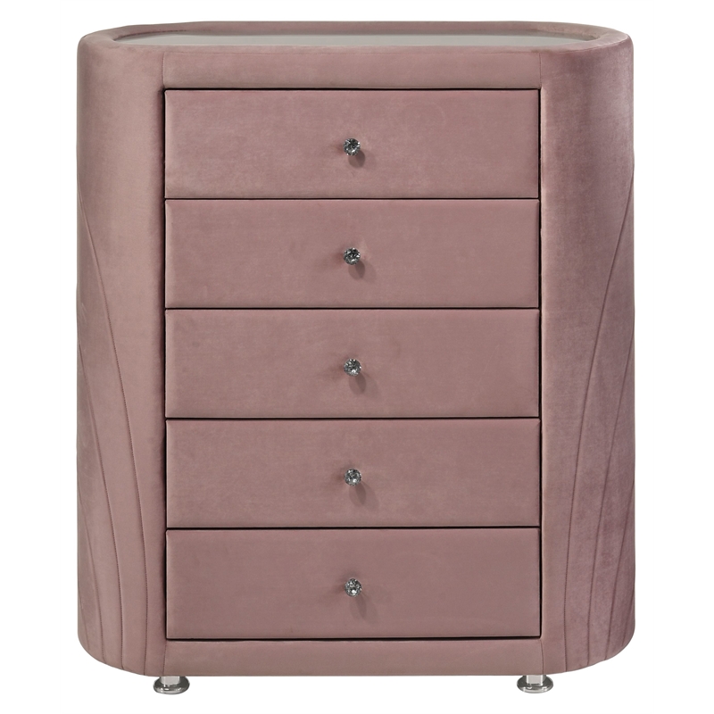 Pemberly Row 5 Drawers Velvet Upholstery Chest with Mirror Top in Pink