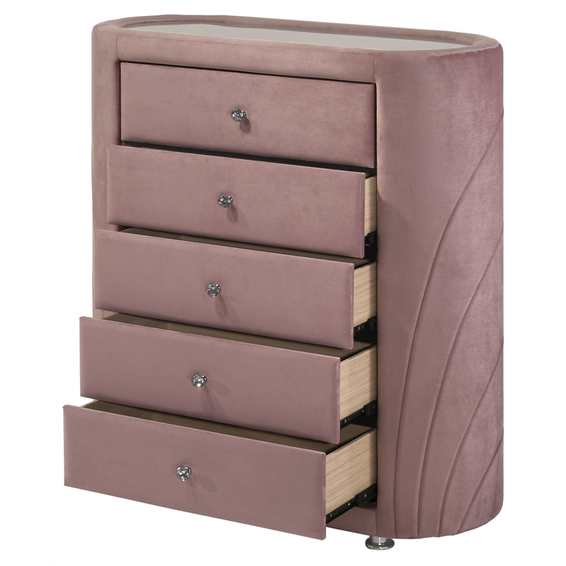 Pemberly Row 5 Drawers Velvet Upholstery Chest with Mirror Top in Pink