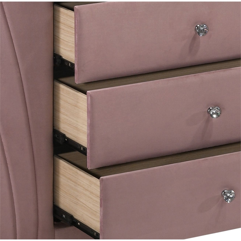 Pemberly Row 5 Drawers Velvet Upholstery Chest with Mirror Top in Pink