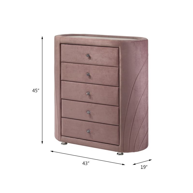 Pemberly Row 5 Drawers Velvet Upholstery Chest with Mirror Top in Pink