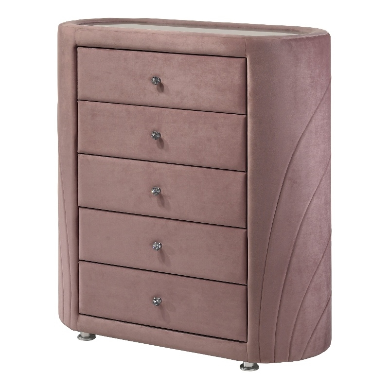 Pemberly Row 5 Drawers Velvet Upholstery Chest with Mirror Top in Pink
